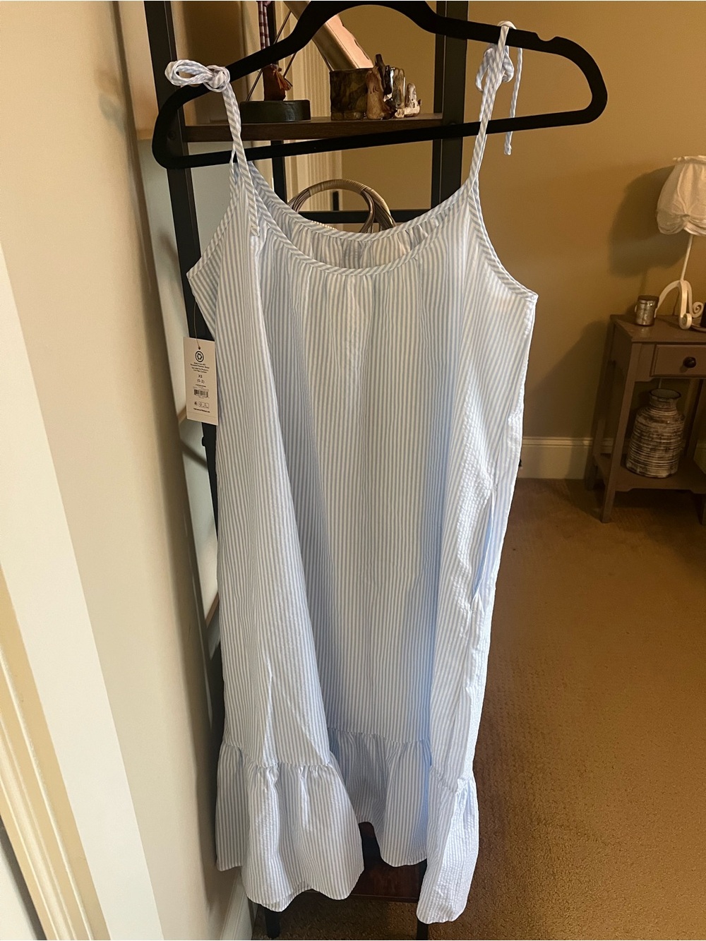 Light blue striped tie shoulder maxi dress XS